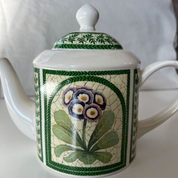 1990s Vintage Arthur Wood, England White Ceramic Teapot w/ Lid African Violets - Picture 2 of 7